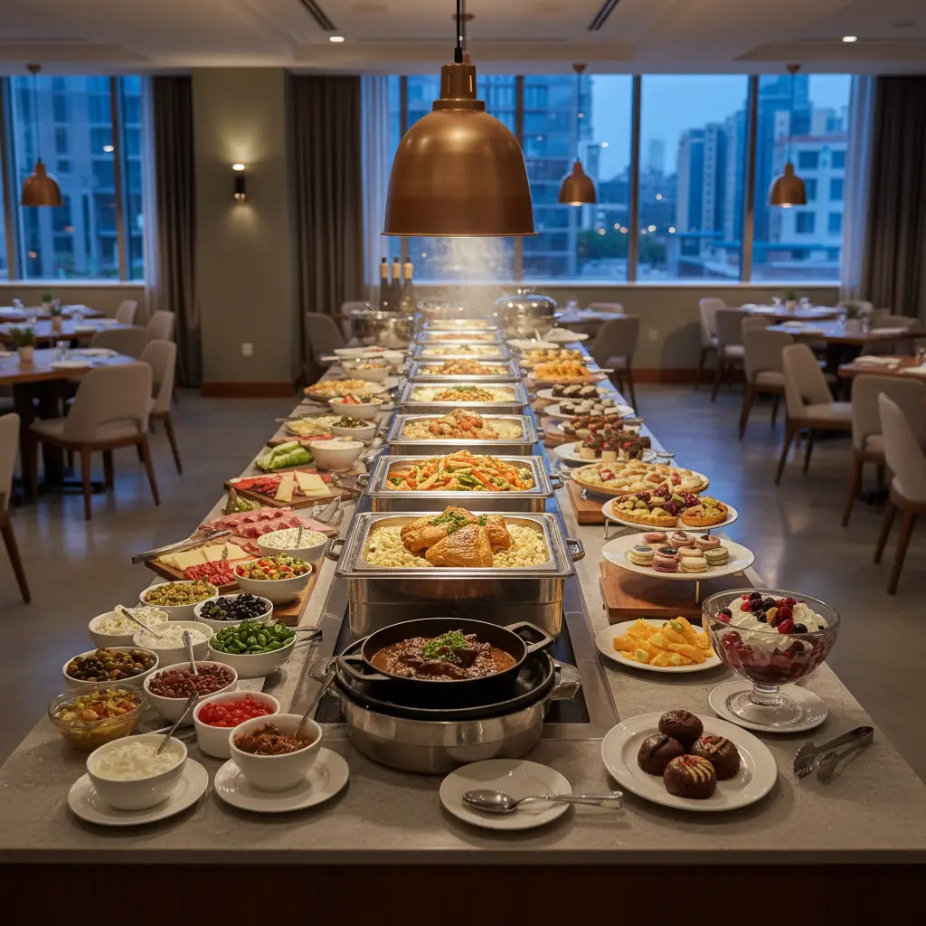 Neatly arranged buffet line with hot dishes, salads, and desserts