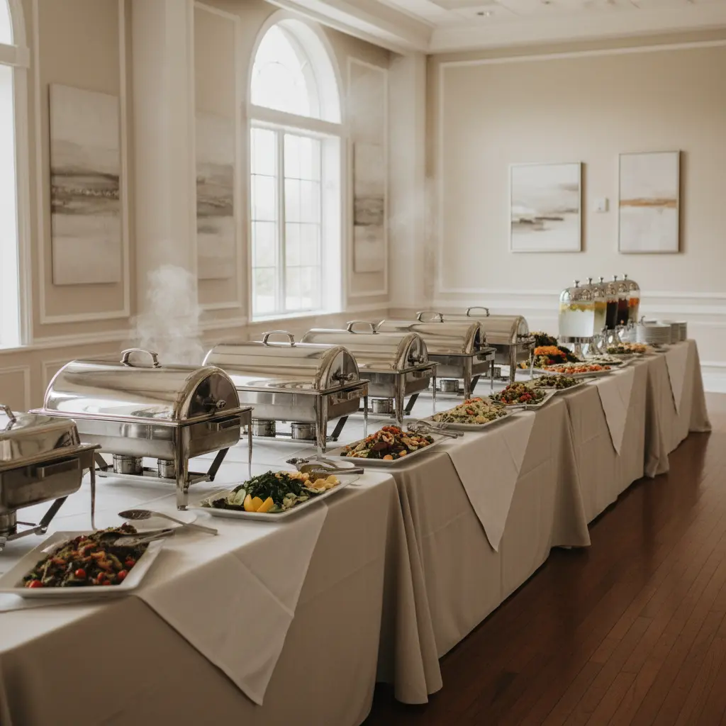 Professional catering setup with chafing dishes and garnish trays at a venue