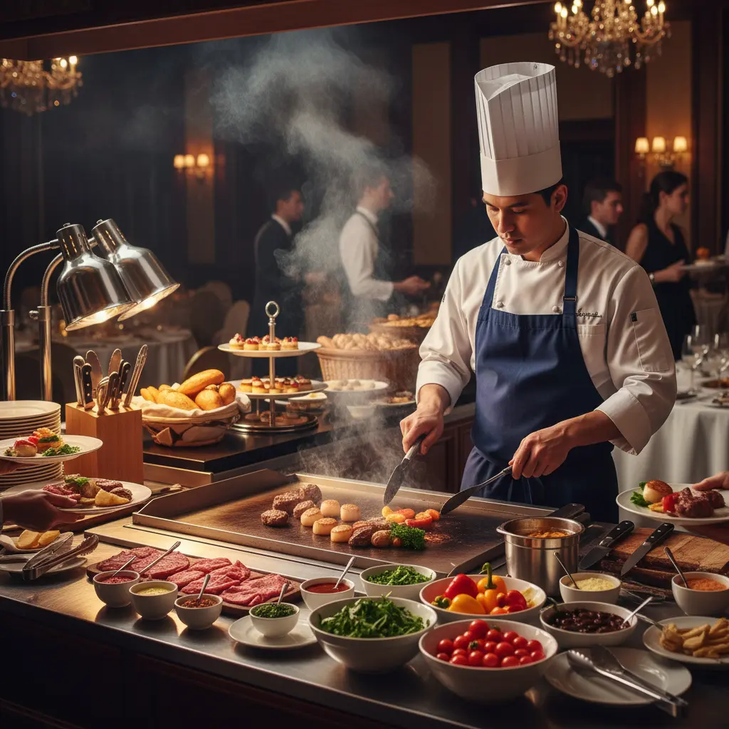 Elegant live cooking station with chef’s tools and fresh ingredients